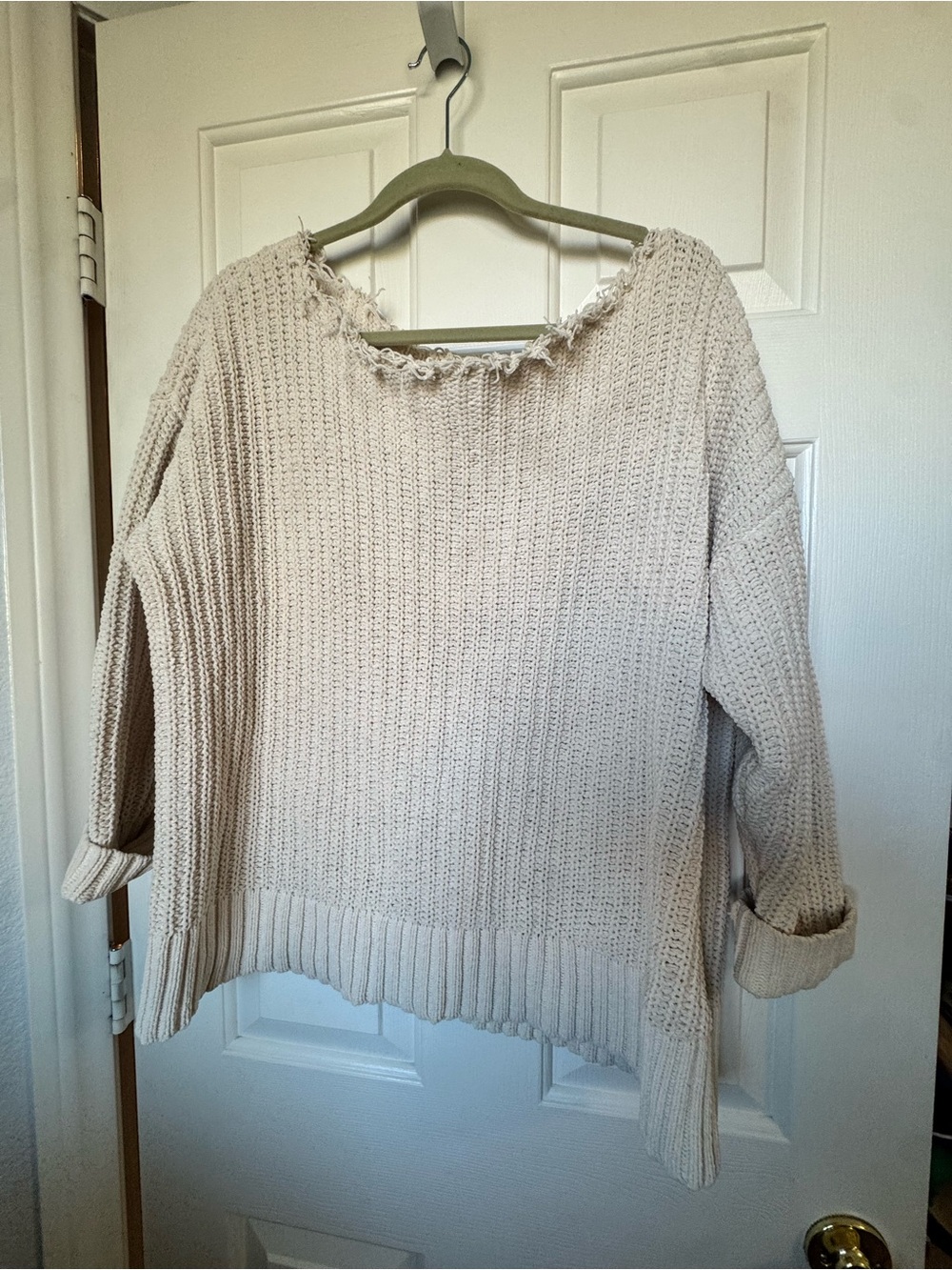 aerie Cream Frayed-Neck Cozy Knit Crew Sweater